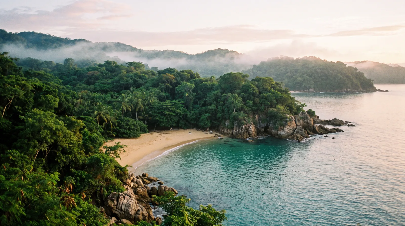 Empty crescent beach surrounded by jungle
