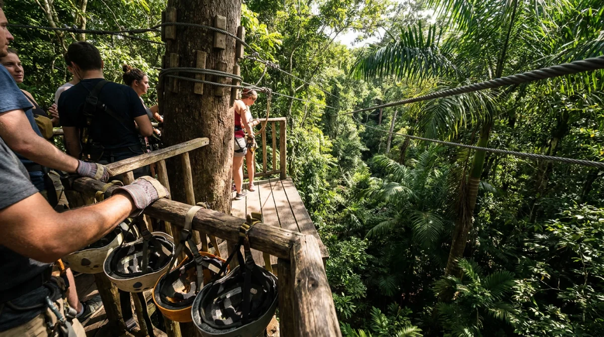 Group on a jungle zipline platform in the forest near Puerto Vallarta
