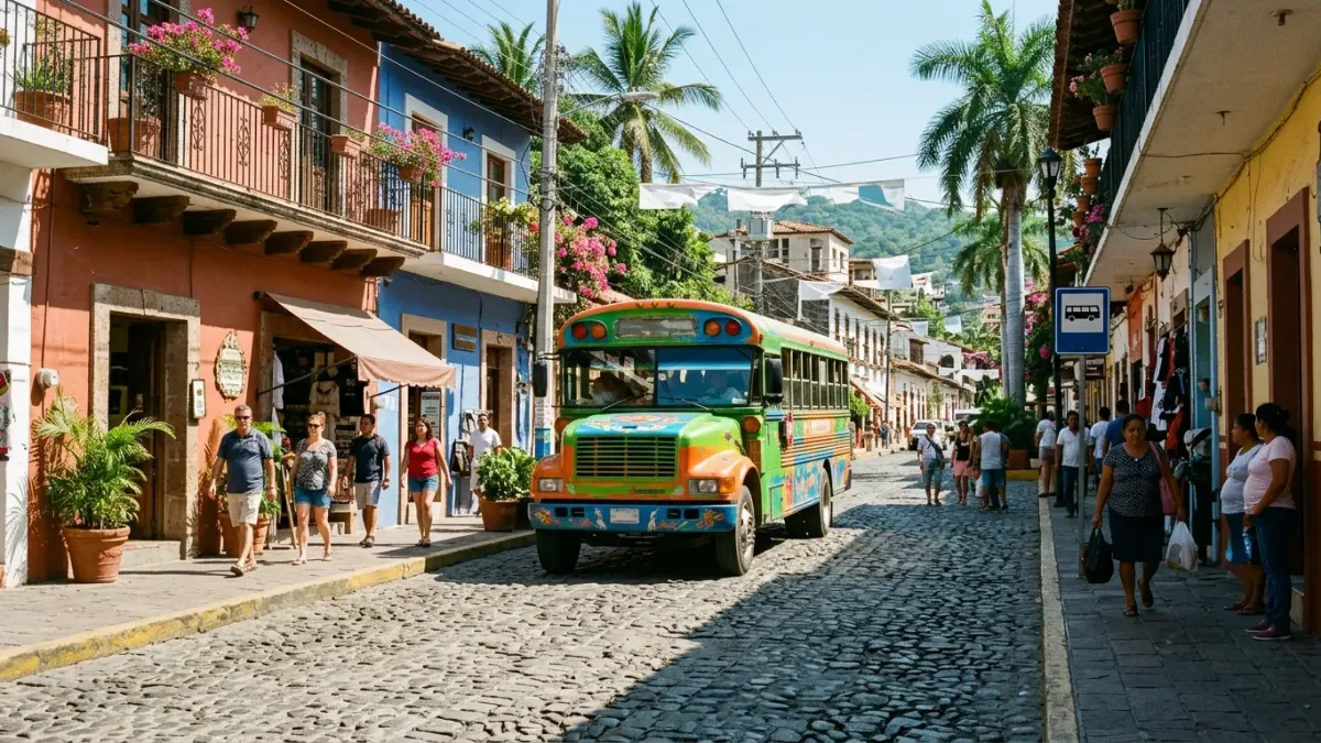 Taxis and buses on a Puerto Vallarta street