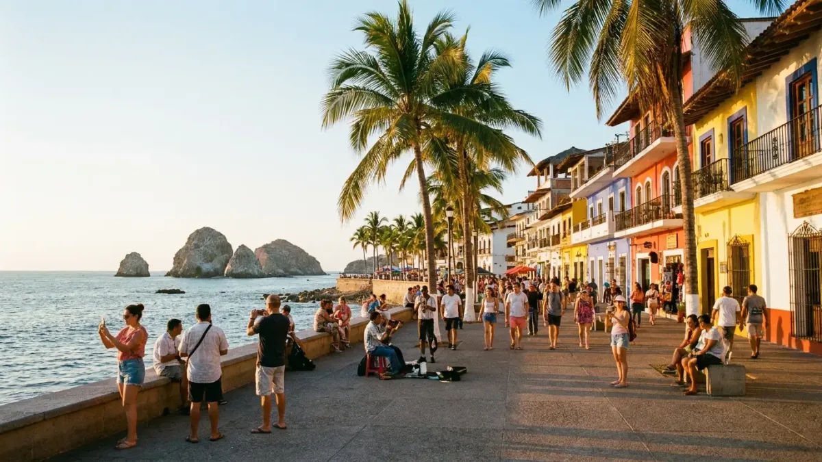 Puerto Vallarta Malecón boardwalk at golden hour